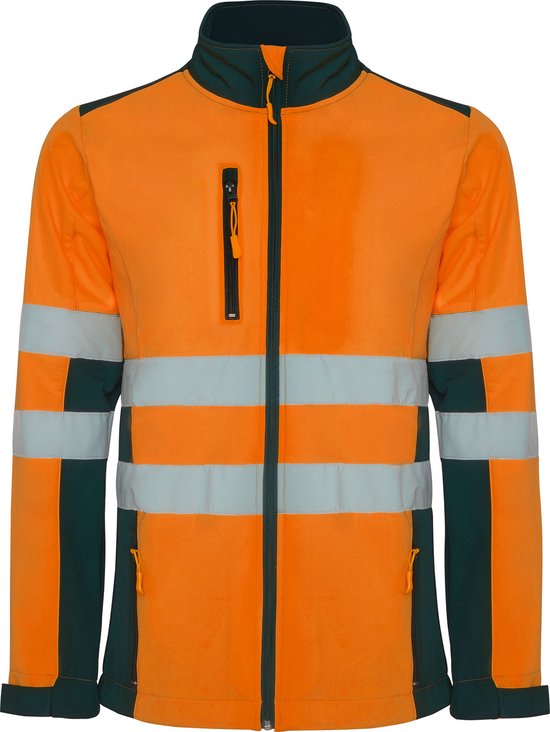 Foto: Technisch hoog zichtbaar high visability softshell jack oranje donker blauw model antares maat m