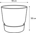 Schematische weergave van een ronde bloempot met schotel, met afmetingen 55 cm breed en 50 cm hoog.