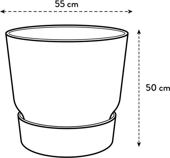 Schematische weergave van een ronde bloempot met schotel, met afmetingen 55 cm breed en 50 cm hoog.