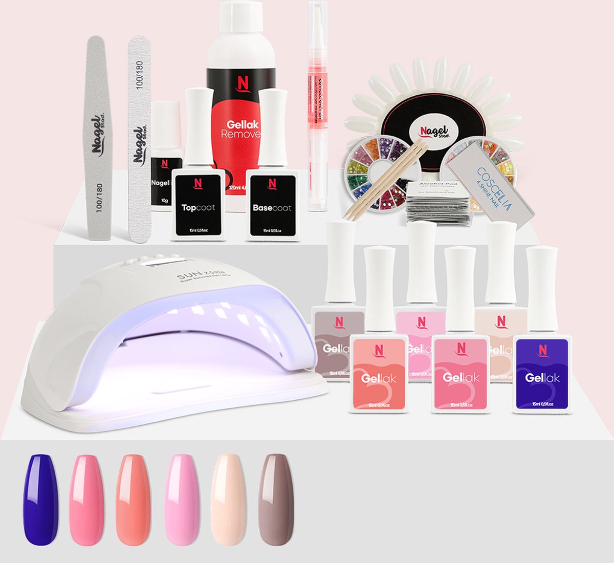 Goedkoopste Nagelstad | Premium XL Gelnagels Starterset | Manicure Starterspakket | 6 Kleuren Gellak (15ml) Inclusief 80W UV/LED Lamp | Gellac | HEMA-Vrij | Gel Nagellak