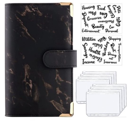 Budget Planner met Geldmapjes Black Marble – Budgetplanners - Budgetplanner Kasboek – Huishoudboekje – Budget Binder – Budgetplanner Invulboekjes – Kasboekje in en uitgaven – Kasboek Huishoudboek – Uitgaven Boekje - Marmer - Marmerlook