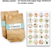 DIY Adventskalender om te vullen - met 24 bruine papieren zakjes en 24 kleurrijke bedrukte stickers - voor DIY en knutselen - Miniset nr. 22 - Kerstmis 2021 voor kinderen.