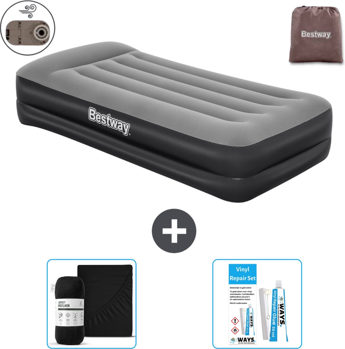 Bestway luchtbed - 1-Persoons - 97 x 191 x 46 cm - Grijs - Inclusief pomp - Hoeslaken en Reparatieset