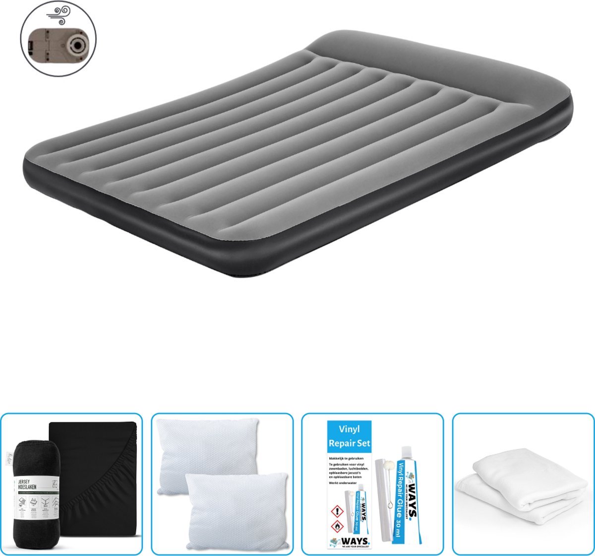 Bestway luchtbed - 2-Persoons - 152 x 203 x 30 cm - Grijs - Inclusief pomp - Hoeslaken - Kussen - Kussenbeschermer en Reparatieset