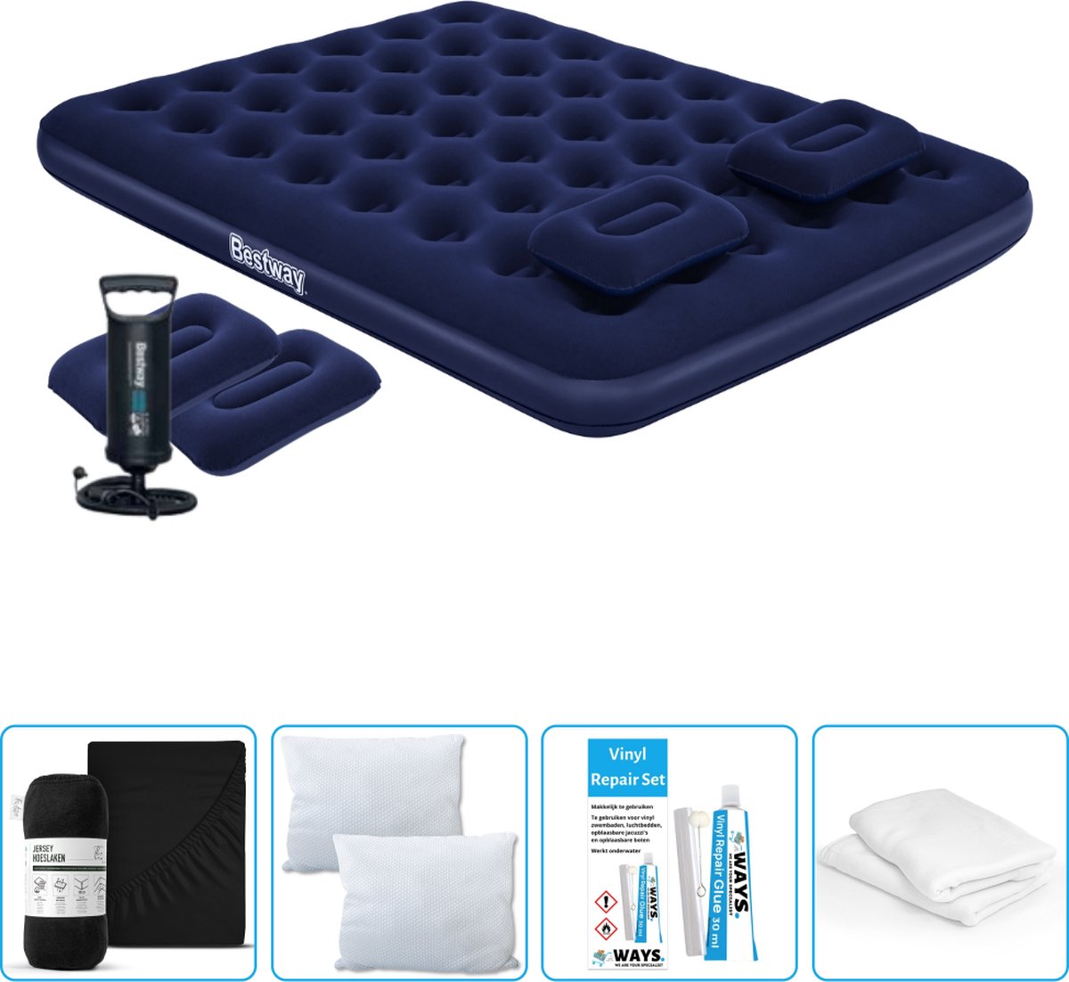 Bestway luchtbed - 2-Persoons - 152 x 203 x 22 cm - Blauw - Inclusief handpomp - kussens - Hoeslaken - Kussen - Kussenbeschermer en Reparatieset