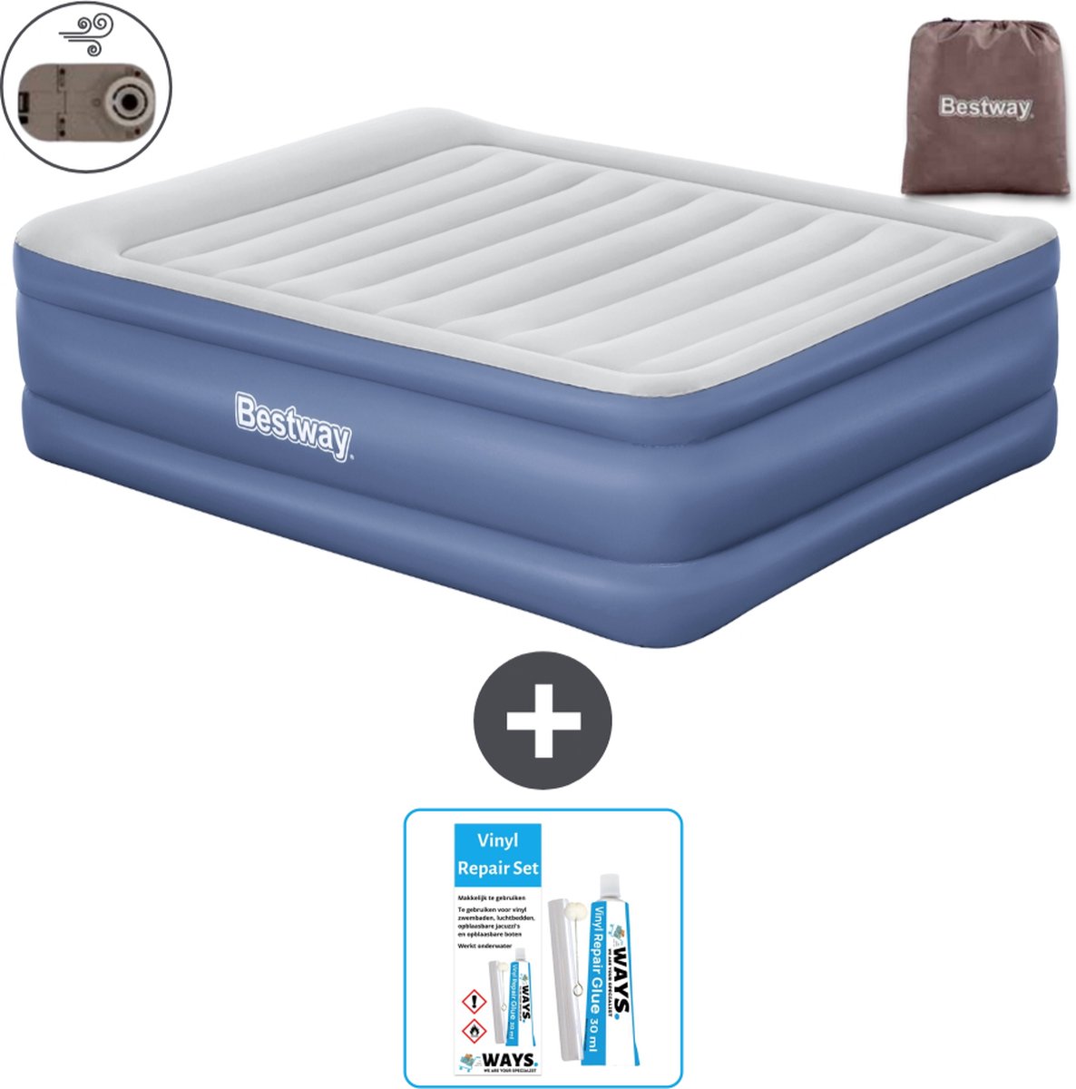 Bestway luchtbed - 2-Persoons - 152 x 203 x 61 cm - Grijs/Blauw - Inclusief pomp - Reparatieset