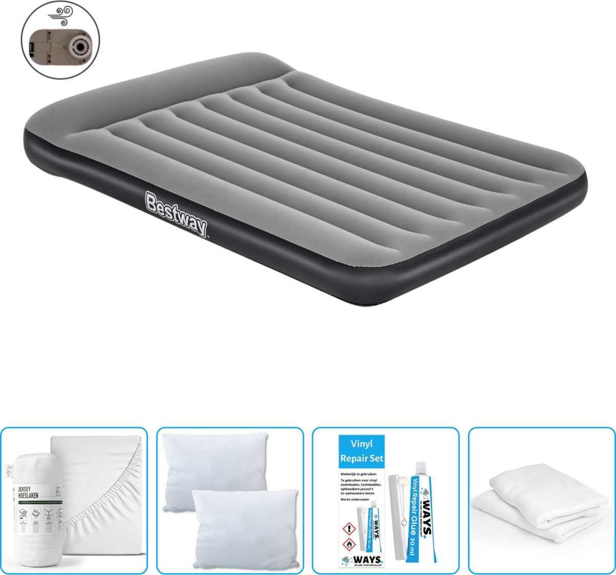 Bestway luchtbed - Twijfelaar - 137 x 191 x 30 cm - Grijs - Inclusief pomp - Hoeslaken - Kussen - Kussenbeschermer en Reparatieset