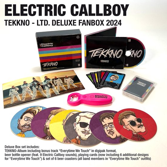 Elektrische Callboy TEKKNO Deluxe Fanbox 2024 met CD, kaartspel, bieropener, onderzetters en boekje.