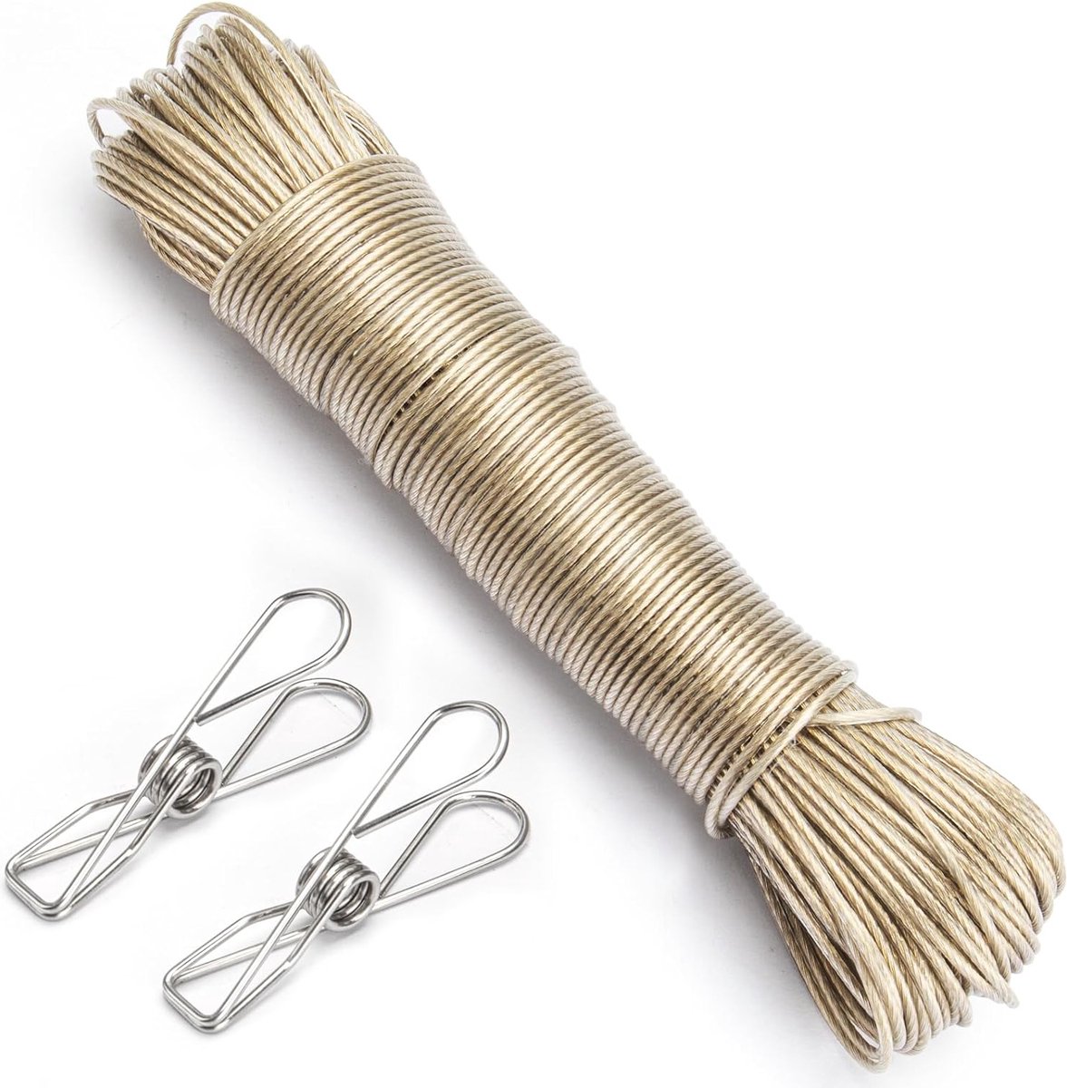 Goedkoopste 50 m waslijn met stalen kern, 3 mm waslijn met 20 clips, waterdicht waskoord van roestvrij staal, houdt tot 120 kg, ultra-robuust, draagbaar, extra sterk, scheurvast, wasnaar voor buiten,