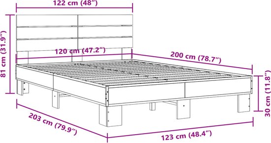 vidaXL - Cadre de lit - décoré - bois - métal - fumé - chêne - 120x200 - cm