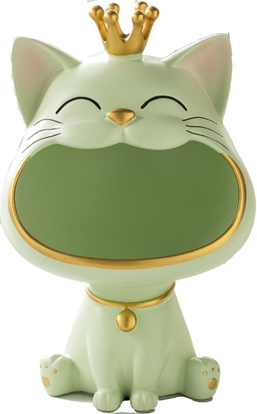 Lachende kattenfiguren, standbeeld, grote mond kat opbergdoos, Maneki Neko Fortune Cat sculptuur, gelukkige katten opbergdoos, kittensleutel schaal, sieraden dienblad (lichtgroen)