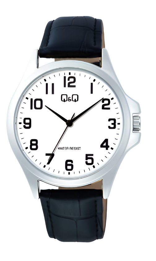 Q&Q C36A-013PY-Horloge-Heren-Zilverkleurig-Duidelijke wijzerplaat-Zwart lederen band