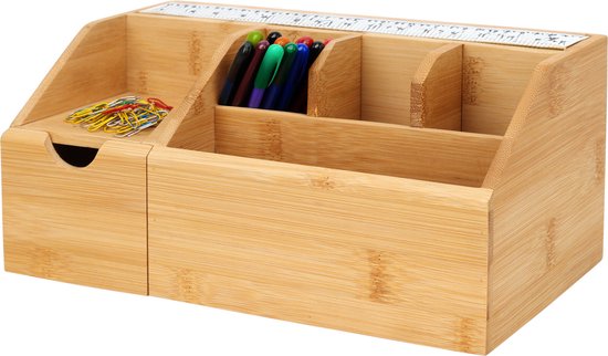 Organisateur de bureau boîte à crayons Eleganza - bois de bambou - 24 x 15 x 11 cm - 6 compartiments