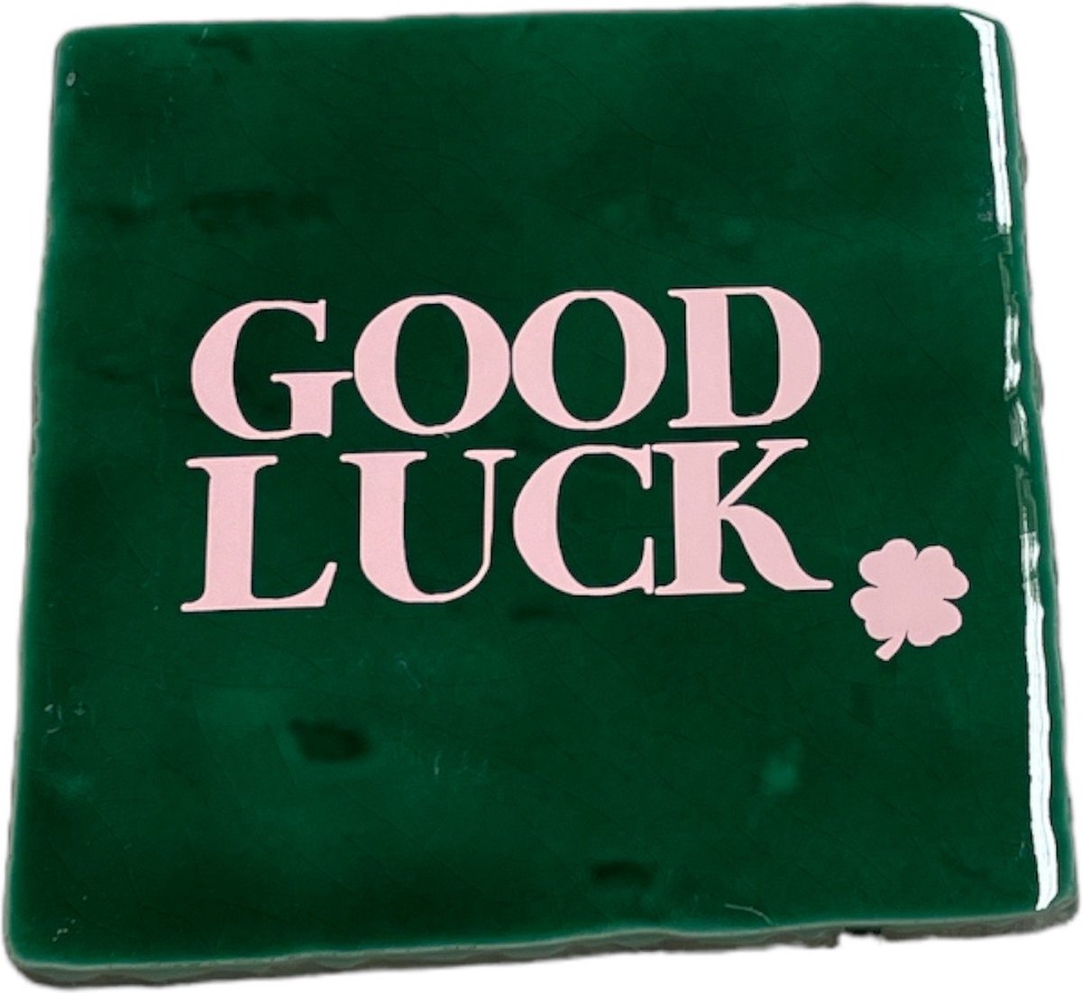 Hippe tegeltje met tekst: Good Luck | Dennengroen met pastel roze | Gepersonaliseerde cadeau | Hippe Spreuktegel | Nieuwe woning cadeau | Housewarming cadeau