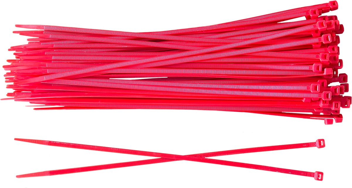 Kortpack - Kabelbinders/ Tyraps 100mm lang x 2.5mm breed - Rood - 1000 stuks - Treksterkte: 8.1kg - Bundeldiameter: 22mm - Bundelbandjes - (099.0369)