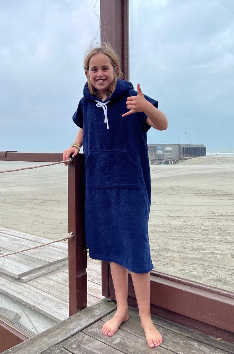 Surfponcho Kind Donkerblauw - 8-10 jaar - met Capuchon - 100% Katoen, Badstof 450 gr/m2 - Unisex - Jongens & Meisjes - Poncho - Badcape -Surf Accessoires