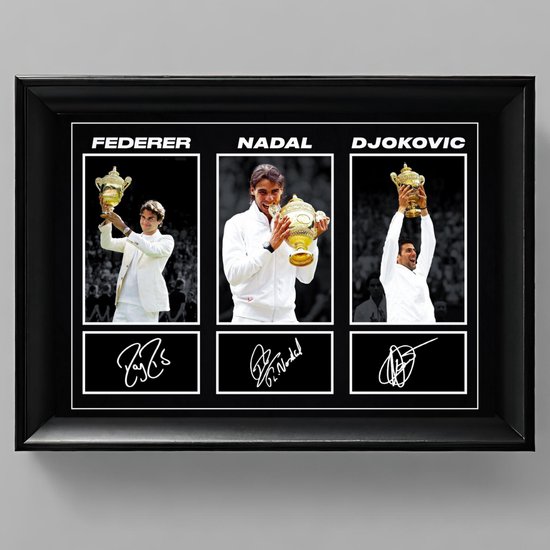 Rafael Nadal, Novak Djokovic & Roger Federer Ingelijste Handtekening – 15 x 10cm In Klassiek Zwart Frame – Gedrukte handtekening – Tennis Legend - Roland Garros - Wimbledon