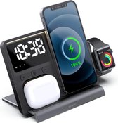 DrPhone FlexiCharge 5-en-1 - Chargeur sans fil - Entrée 5V3A/9V2A - 15W Max - Affichage LED / Horloge numérique - Indicateur de batterie - Convient à tous les smartphones avec fonction sans fil / Smartwatch iOS (séries 1-8) / Airpods Pro etc - Zwart