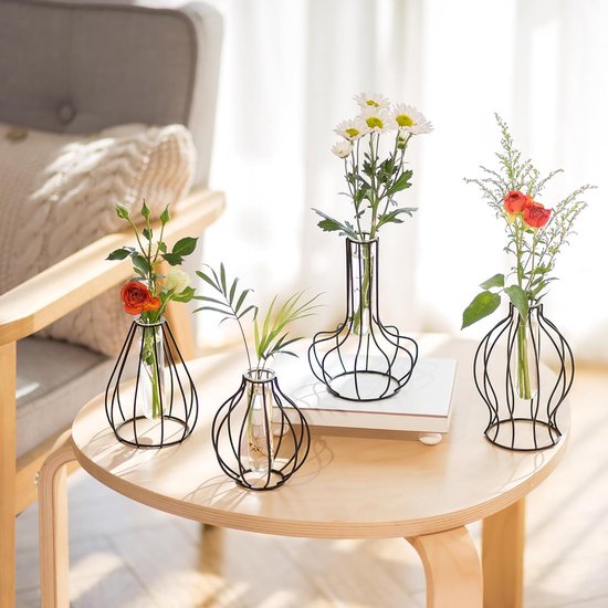 Metalen geometrische glazen vaas, mini zwarte plantenstandaards set van 4 minimalistische Outline bloemenvazen voor hydrocultuur moderne reageerbuisjes, frame, vazen voor tafel, woonkamer