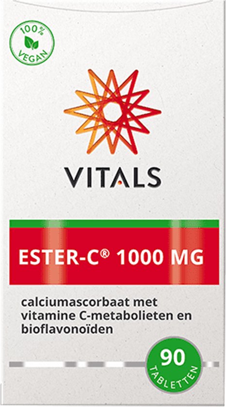 Vitals Ester-C 1000 mg doosje met 90 tabletten. Met 100% vegan logo.