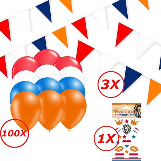 Feestpakket met oranje, witte en blauwe ballonnen, vlaggetjes in rood, wit, blauw en oranje, en tijdelijke tatoeages met Holland-thema.