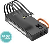 Banky - Powerbank 30.000 mAh - 22.5W Quick Charge - 5 Poorten - 4 ingebouwde kabels - Snelladen via USB-A en USB-C - geschikt voor Apple iPhone Samsung - Zwart