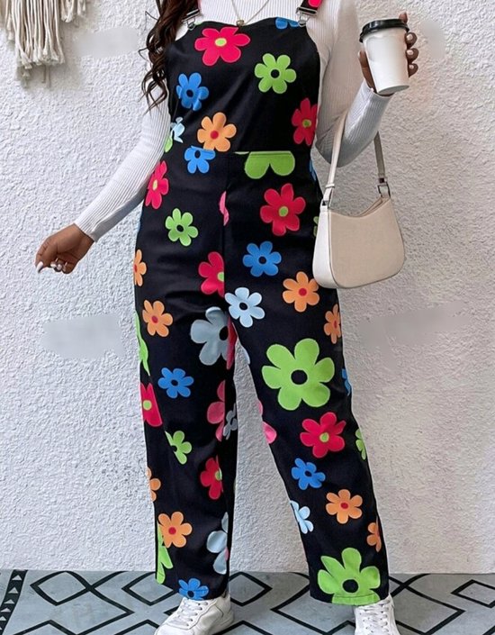 Sexy elegante corrigerende lichte stretch tuinbroek jumpsuit met kleurrijke bloemen plus size 2XL eu 48