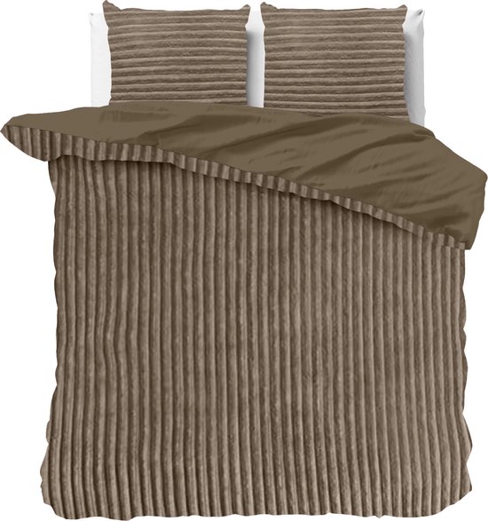 Knuffelzachte teddystof dekbedovertrek Stripes taupe - 140x200/220 (eenpersoons) - heerlijk slapen - cosy look - luxe kwaliteit - met handige drukknopen