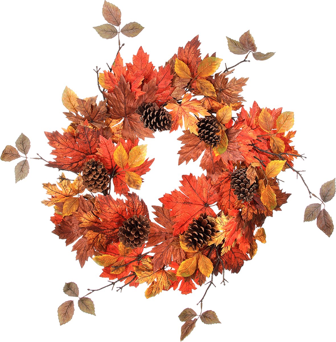 Viv! Home Luxuries Krans - Herfstbladeren met Dennenappels - herfst - oranje geel bruin - Ø66cm