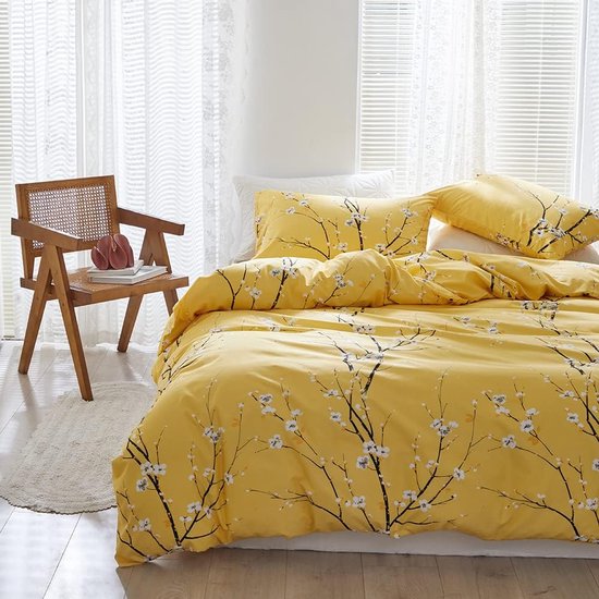Beddengoed 135 x 200 cm 2-delig gele bloemen botanisch patroon beddengoedset bloementak ontwerp omkeerbaar beddengoed zacht microvezel dekbedovertrek met ritssluiting en kussensloop 80 x 80 cm