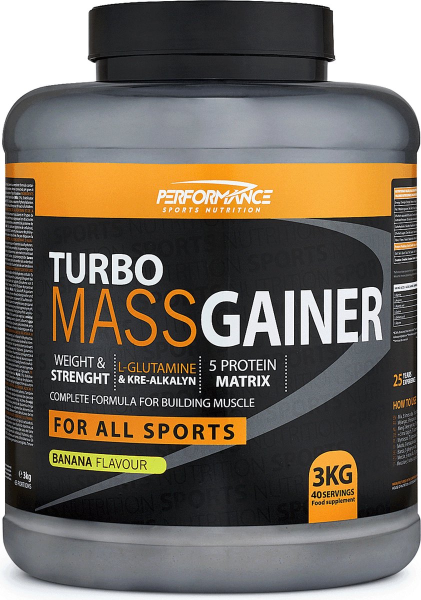 Goedkoopste Turbo Mass Gainer (Banana - 3000 gram) - Performance - Weight gainer - Mass gainer - Sportvoeding - 40 shakes