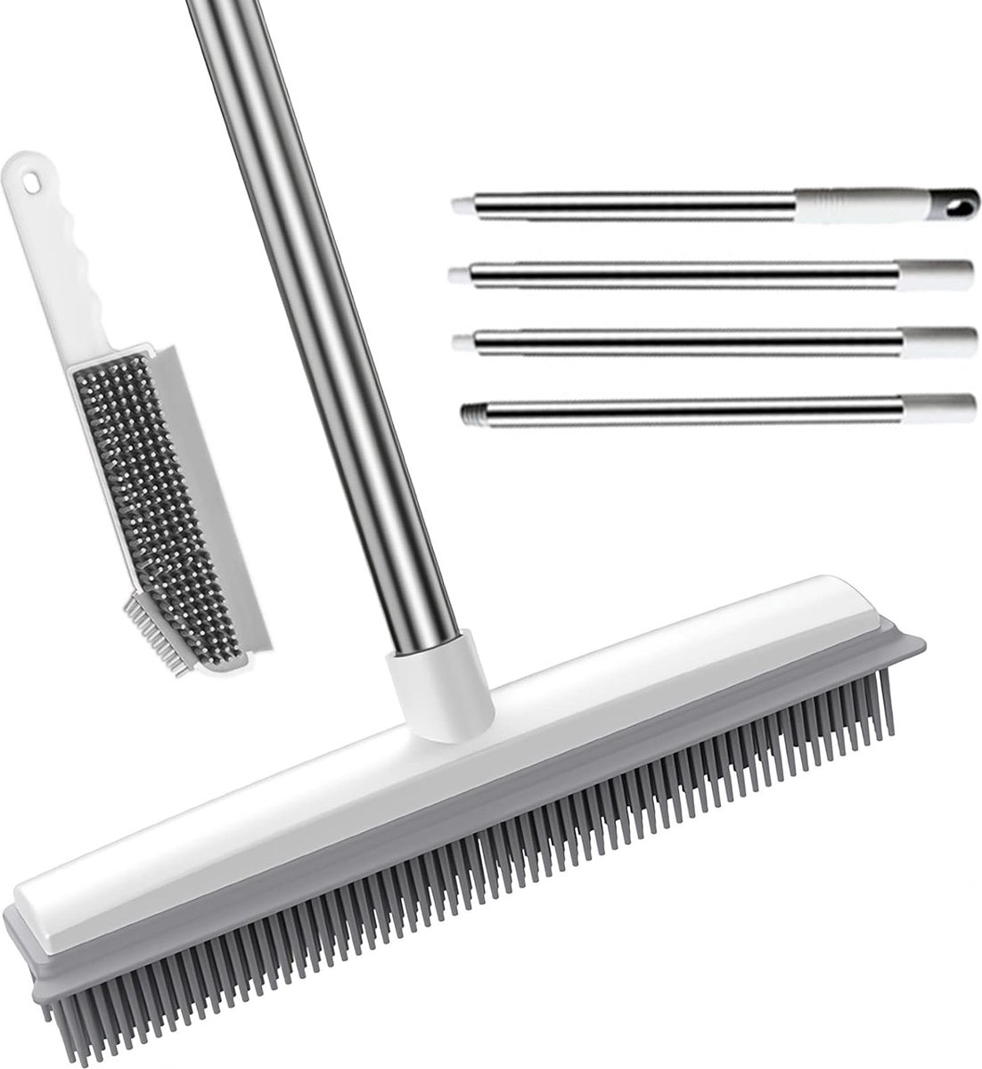 Goedkoopste 2-in-1 rubberen bezem met steel, 156 cm lange steel, bezem voor het verwijderen van dieren, katten, honden, haren, tapijtborstel, vloerborstel, veegborstel voor binnen en buiten, schrobber met
