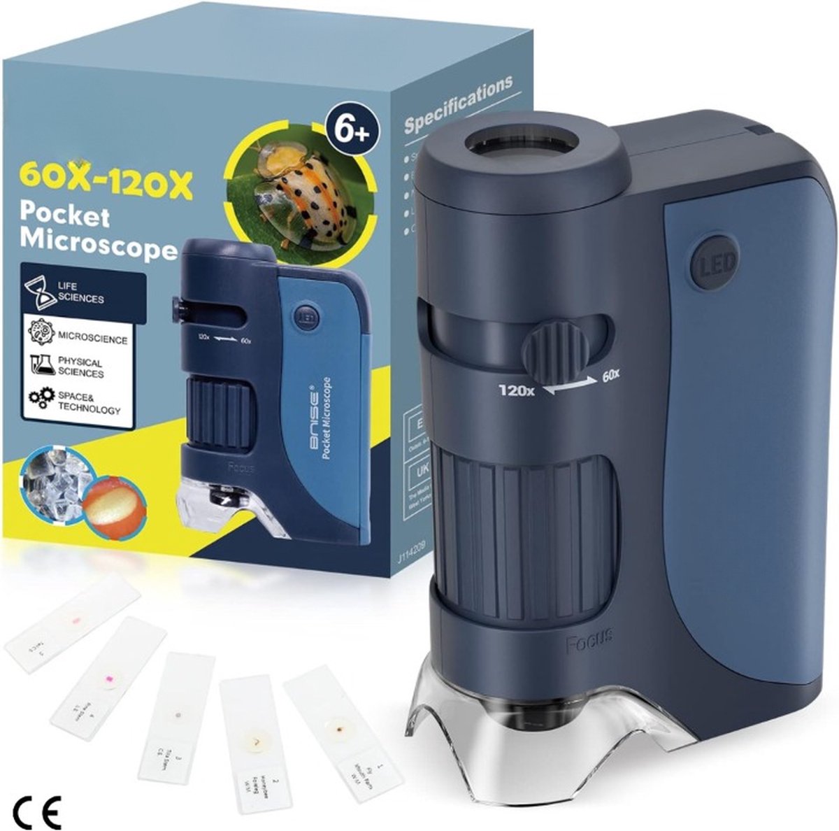 Handmicroscoop voor Kinderen - Draagbare Pocket Microscoop 60X-120X Zoom met LED Verlichting en 5 Microscoopglaasjes