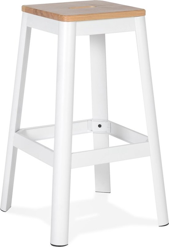 Hoge houten kruk met ronde biezen zitting, jaren '60/'70