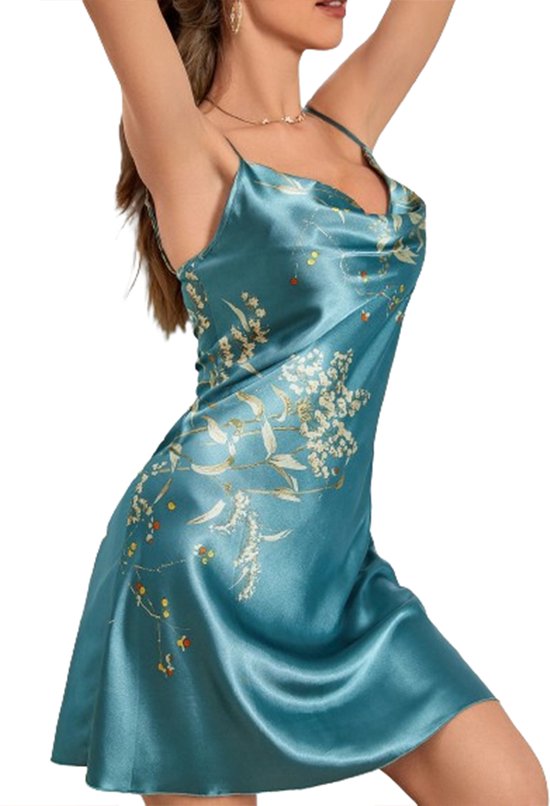 Chemise de nuit sensuelle à imprimé floral et bretelles spaghetti - Col en V- Séduisante - Robe de nuit sexy - Vêtements de nuit