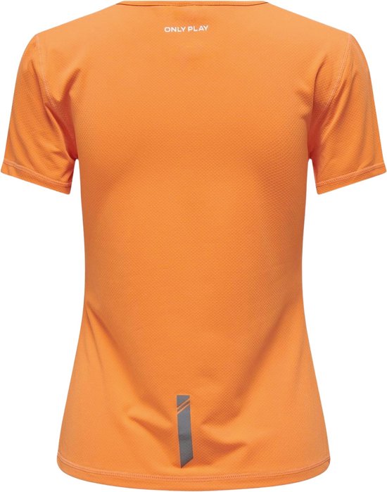 Achterkant oranje sportshirt met korte mouwen, ronde hals en reflecterende details op de rug.