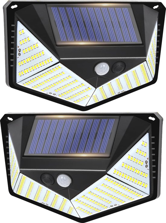 AGM Solar Buitenlamp Met Bewegingssensor - Wandlamp op Zonne energie - 220 LED - Waterdicht - Tuinverlichting op zonne energie - Met Sensor - 2 stuks - Voor Buiten - Zwart