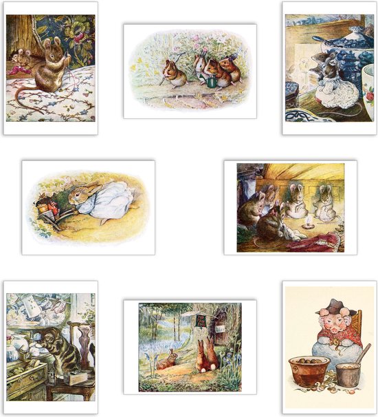 Ansichtkaarten - Beatrix Potter - Set van 8 kaarten met dieren (muizen, katten, konijnen) - Leuke Post