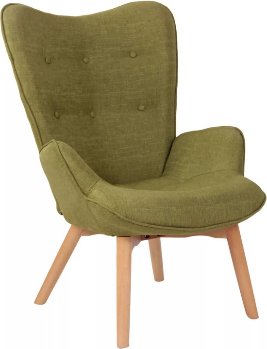 In And OutdoorMatch Luxe loungestoel Trisha - Eetkamerstoel - Groene stof - Houten poten - Set van 1 - Zithoogte 49 cm - Deluxe