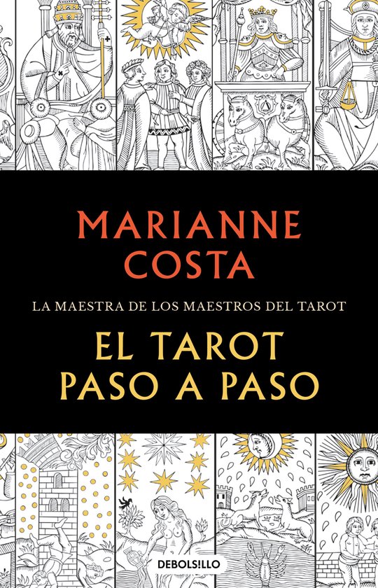 Boekomslag met afbeeldingen uit tarotkaarten en de tekst 'MARIANNE COSTA EL TAROT PASO A PASO'.