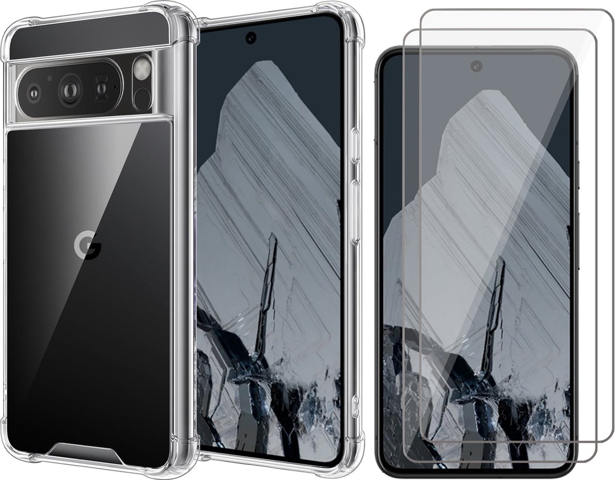 Hoesje geschikt voor Google Pixel 8 Pro - 2x Screenprotector Glas - Shockproof Transparant