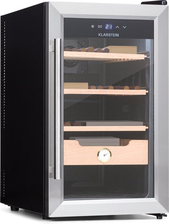 Klarstein El Presidente 48 Sigaarhumidor - Thermo-Elektrisch - Glazen Deur - Vrijstaand - 3 Schappen En Een Cederhouten Lade - 48 Liter - Hygrometer - Blauwe LED-Binnenverlichting