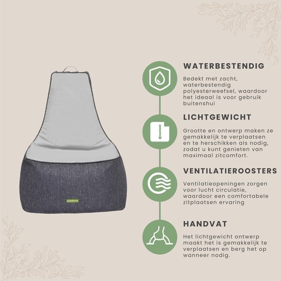 Antracietkleurige zitzak met lichte grijze voorkant, waterbestendig, lichtgewicht, met ventilatie en handvat.