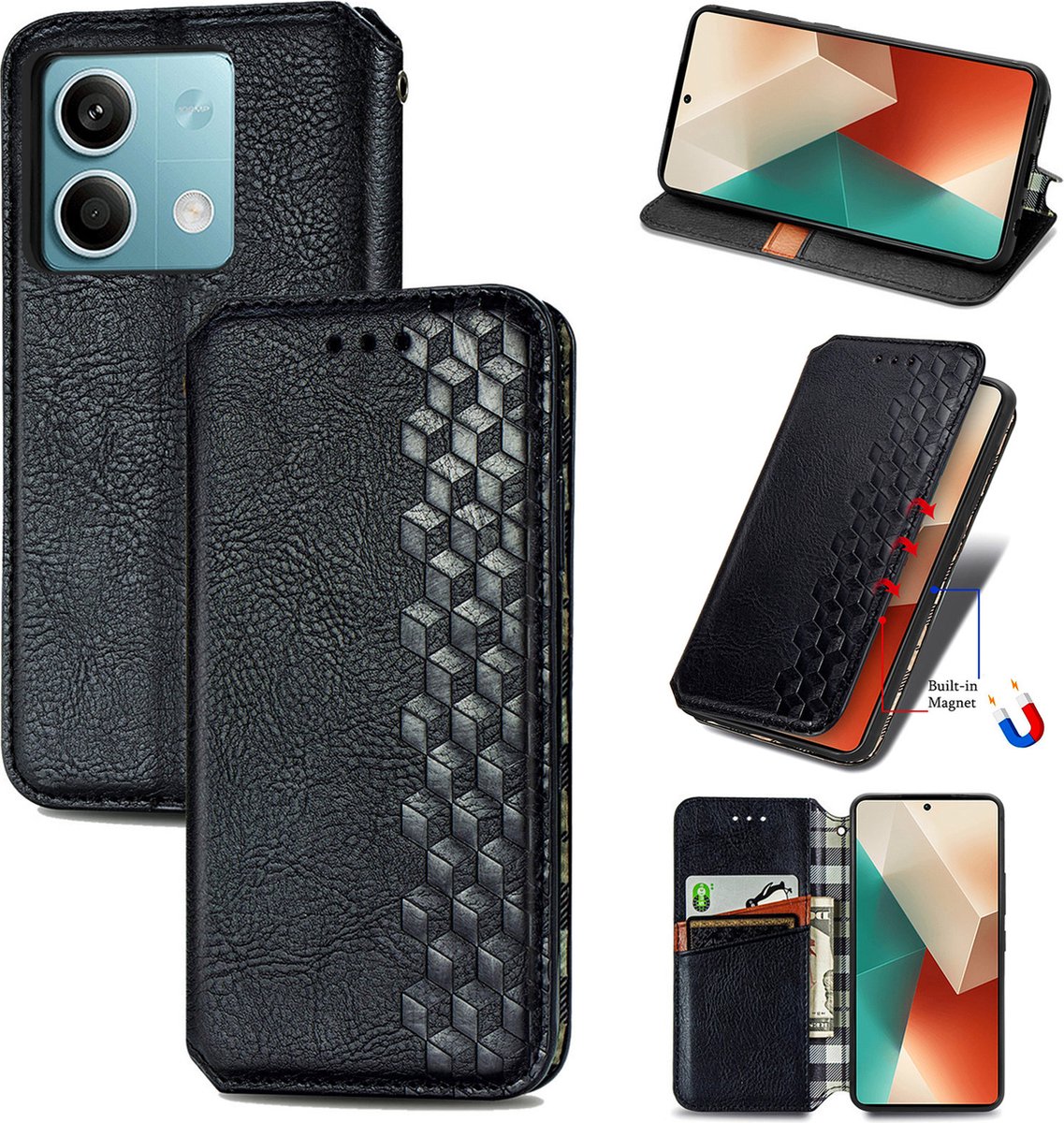 Luxe PU Lederen Ruitpatroon Wallet Case + Screenprotector voor Redmi Note 13 5G _ Zwart