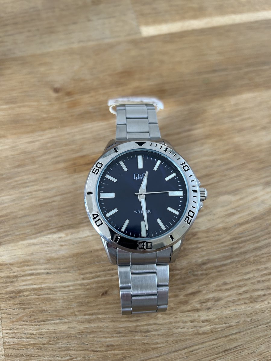 QQ Q28B-003PY - Horloge - Analoog - Heren - Mannen - stalen band - Rond - Metaal - Streepjes - Zilverkleurig - DonkerBlauw