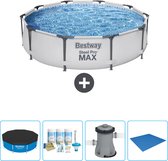 Bestway Rond Steel Pro MAX Zwembad - 305 x 76 cm - Grijs - Inclusief Afdekzeil - Onderhoudspakket - Pomp - Grondzeil