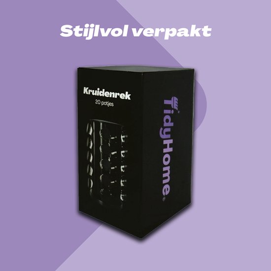 Zwarte verpakking van het TidyHome kruidenrek met 20 potjes.