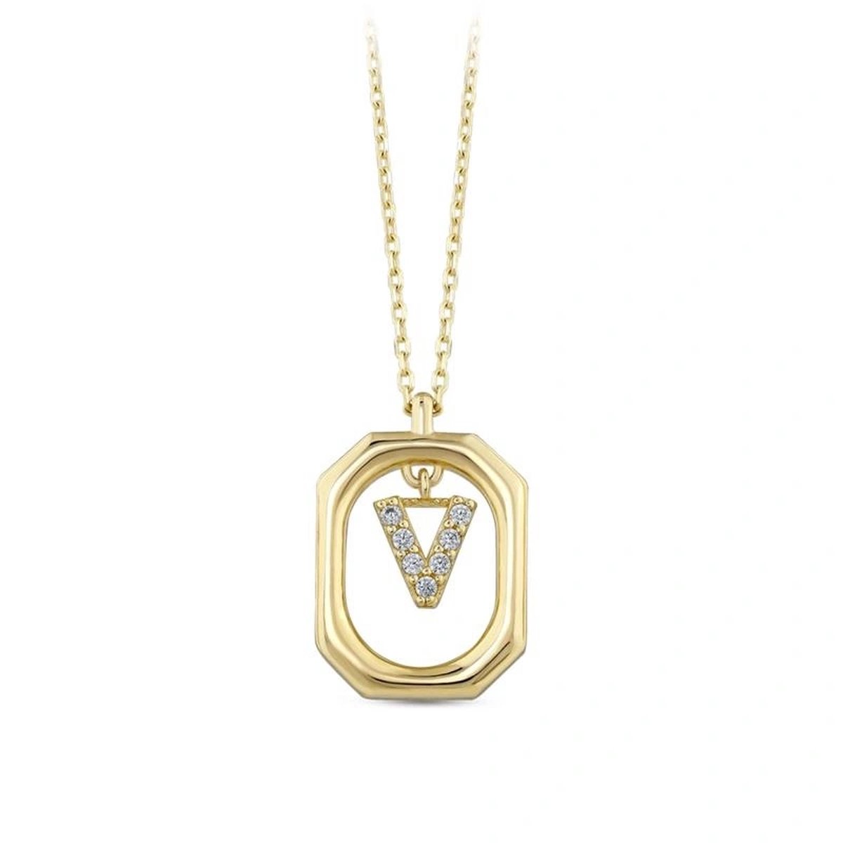 Goud Hanger Letter V met Ketting Zirkonia 14 karaats