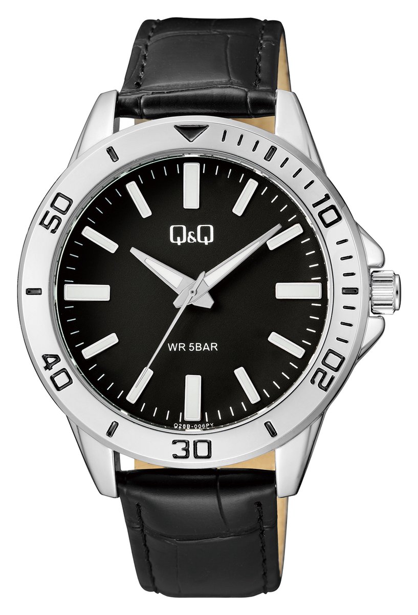 QQ Q28B-006PY - Horloge - Analoog - Heren - Mannen - Leren band - Rond - Metaal - Zwart - Zilverkleurig - 5 ATM
