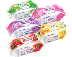 Happy Wet Wipes: 5 x 102 Vochtige doekjes - diverse geuren, pH-gebalanceerd op 5,5, alcohol- en parabeenvrij in een voordeelverpakking, huid vriendelijk, billendoekjes, babydoekjes, huidverzorging doekjes